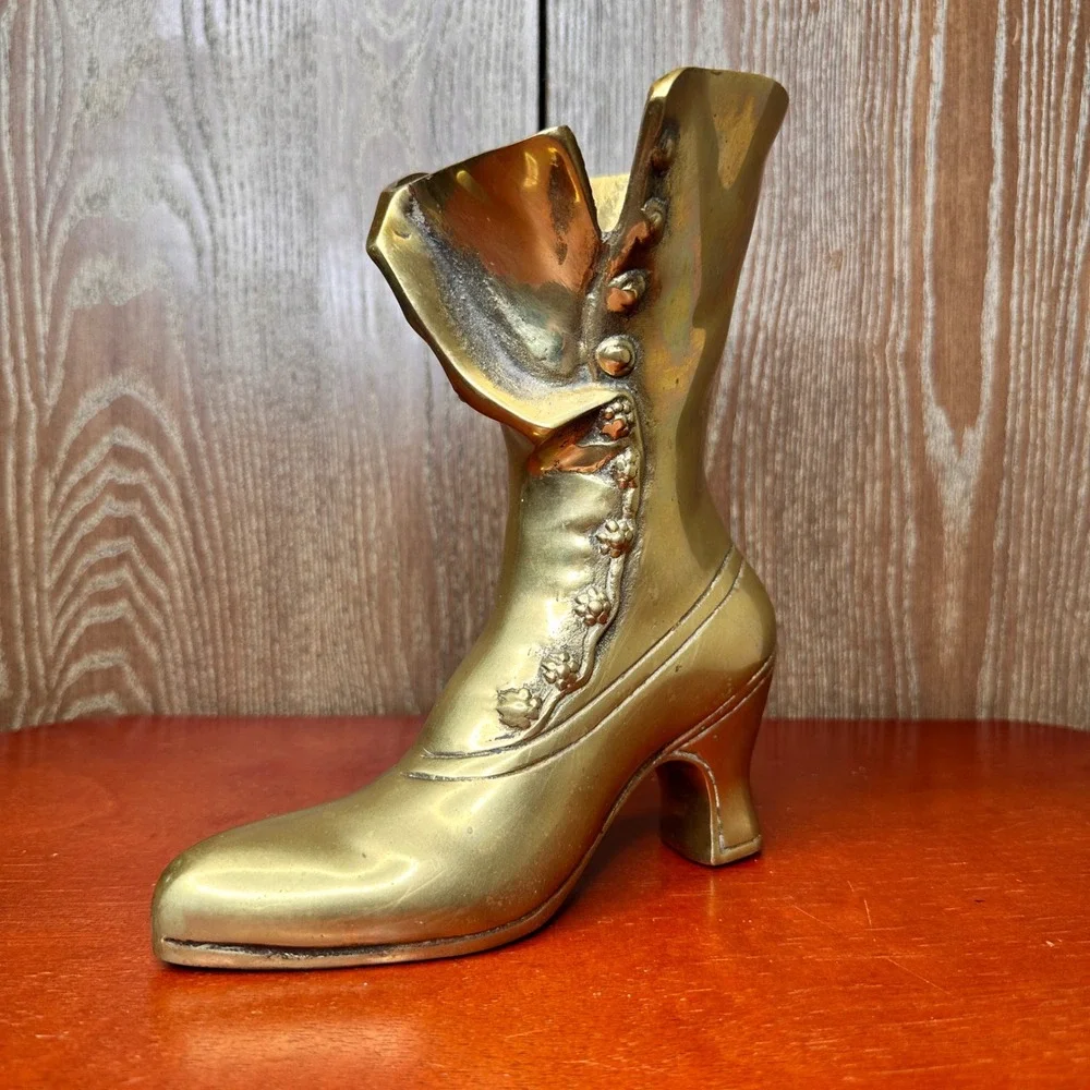Vintage Solid Brass Victorian High Top Button Boot Vase Planter Decor 9